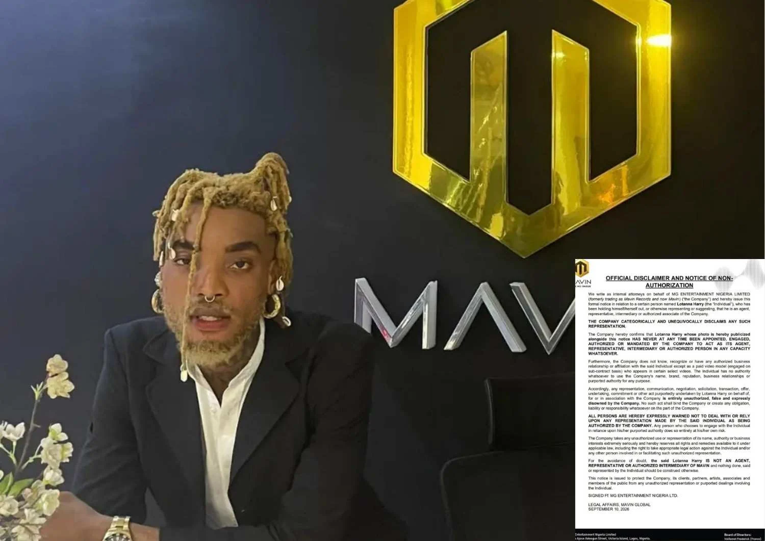 Mavin Records Issues New Warning Over Lotanna Harry, Says He Is Not Its Representative