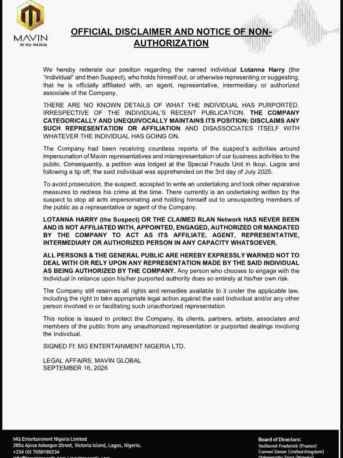 Mavin Records Issues New Warning Over Lotanna Harry, Says He Is Not Its Representative