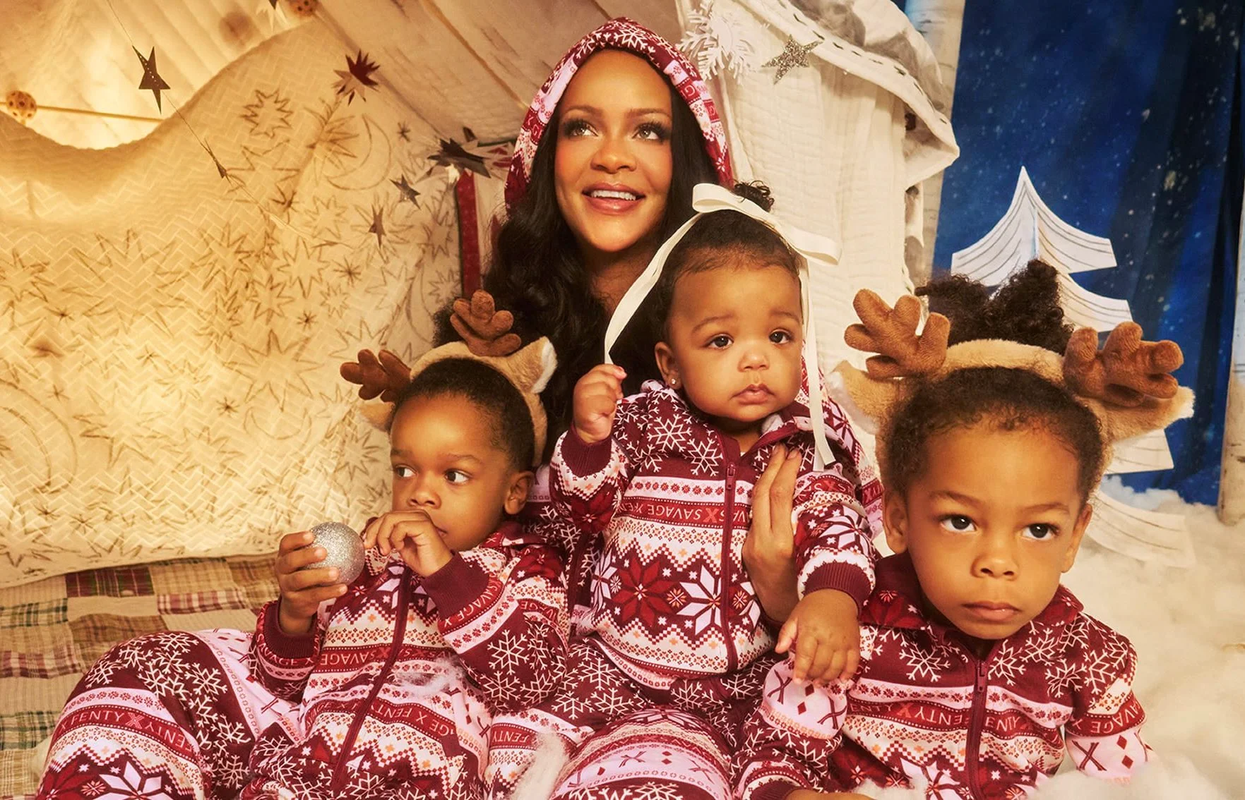 Rihanna with her kids RZA, Riot and Rocki for the new Savage X Fenty campaign