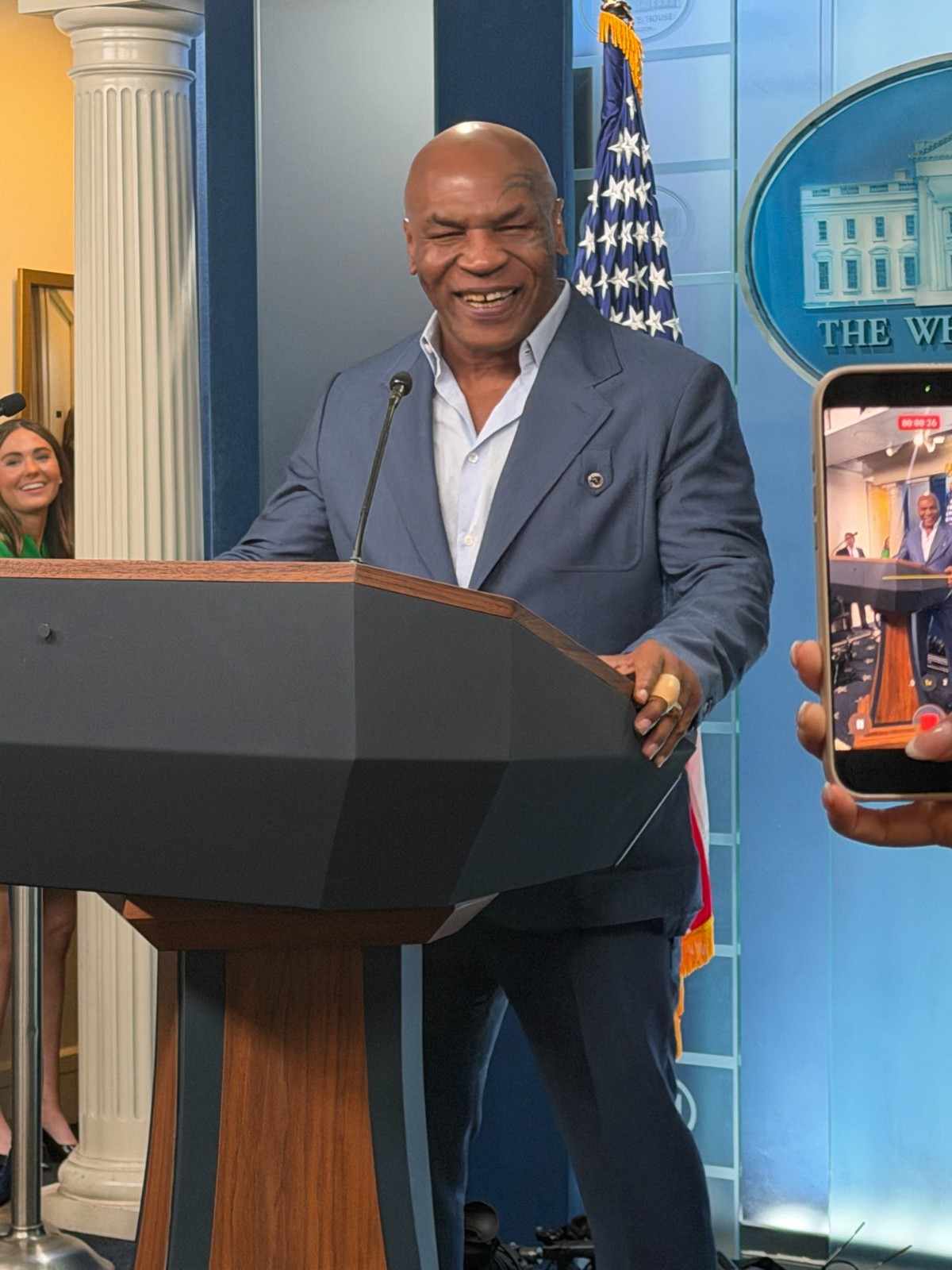 Mike Tyson Appears at White House Briefing Room Before Syracuse Rally