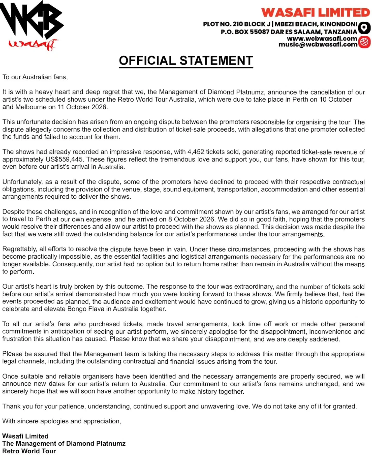 Wasafi confirms the cancellation of Diamond Platnumz’s Perth and Melbourne shows amid a dispute between the tour promoters.