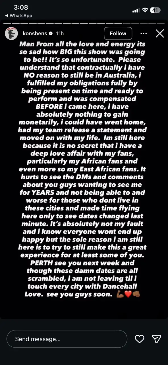 Konshens expresses sadness over the tour disruptions and apologises to fans affected by the last-minute changes.